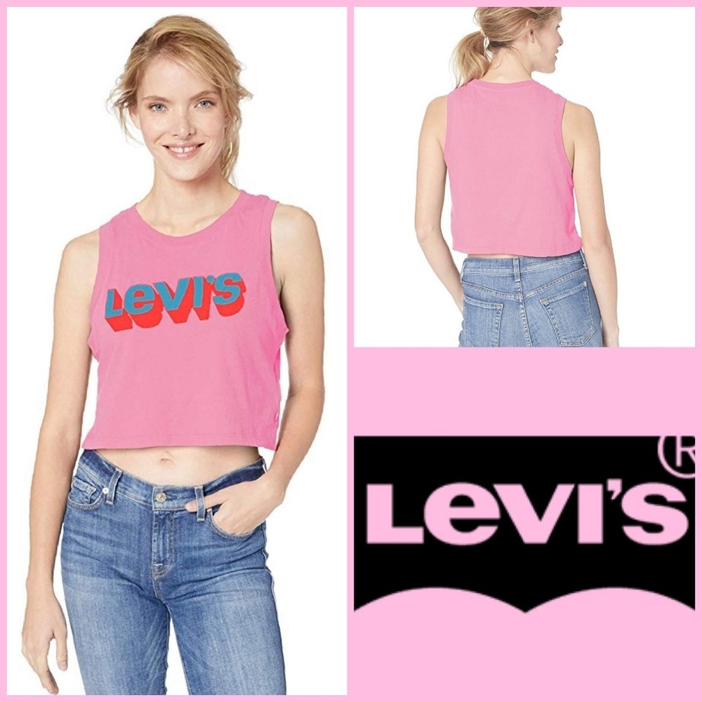 Levi's Cropped Top Tee Pink Turquoise Red Logo M